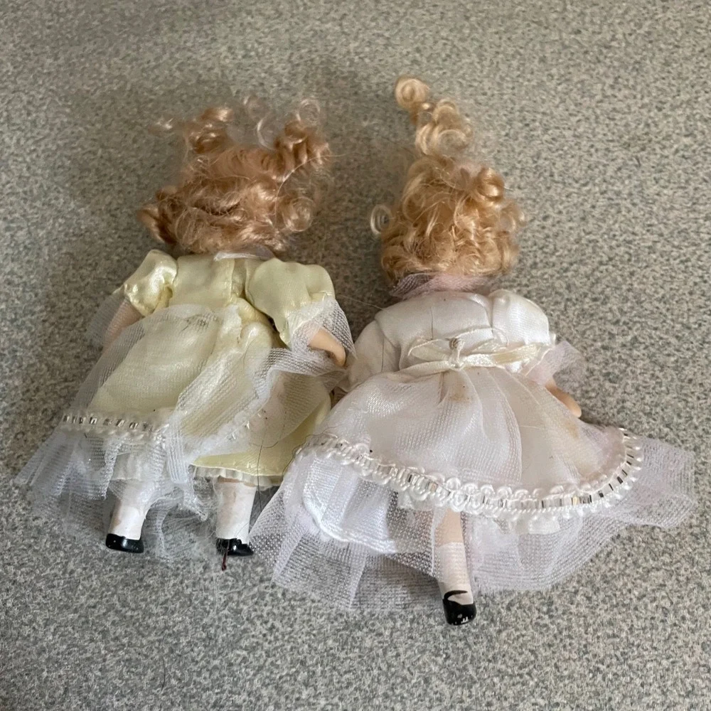 Set of 2 Vintage Porcelain‎ Dolls Blonde Curly Hair Victorian Dresses